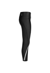Schwarze Sportleggings mit hohem Bund, schlankem Design und seitlichen Mesh-Einsätzen für Belüftung. Hergestellt aus dehnbarem, feuchtigkeitsableitendem Material.
