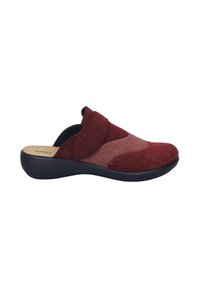 Red and brown felt slip-on shoe with a rounded toe, raised front panel, and a black rubber sole. Features a smooth interior lining.