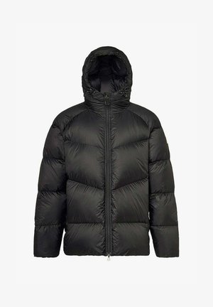 Zwarte pufferjas met capuchon, voorzien van een doorgestikt ontwerp, ritssluiting en elastische manchetten. Gemaakt van lichtgewicht, waterafstotend materiaal.