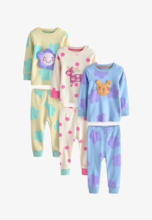 Set van kinderpajama's van katoen; bevat bloemen-, stippen- en eenhoornontwerpen. Kleuren zijn geel, wit, roze en blauw.