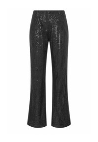 Zwarte pailletten broek met een uitlopende pasvorm, voorzien van verticale strepen van pailletten voor textuur en glans, lichtgewicht en aansluitend in de taille.