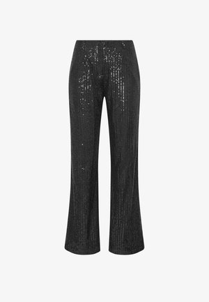 Sorte paljetbukser med en flagrende design, der har lodrette striber af paljetter for tekstur og glans, lette og tætsiddende ved taljen.