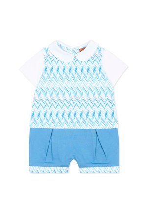 Babyromper met korte mouwen, witte kraag, blauw geometrisch patroon bovenkant en effen blauwe onderkant met plooien en bijpassende afwerking.