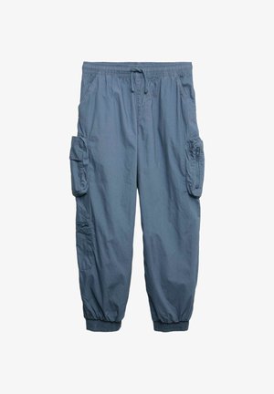 Pantalon cargo léger bleu avec une taille élastique, des poignets côtelés et plusieurs poches latérales, fabriqué dans un tissu lisse et texturé.