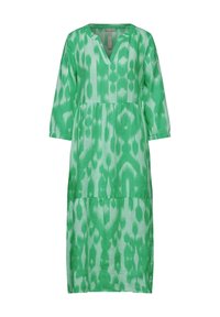 Zelené vzorované midi šaty s výstřihem do V, tříčtvrtečními rukávy a vrstveným designem. Vyrobené z lehkého materiálu s texturovaným povrchem.