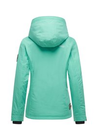 Mint green waterproof jacket with a hood, featuring a smooth texture, black cuff accents, and logo detail on the back.