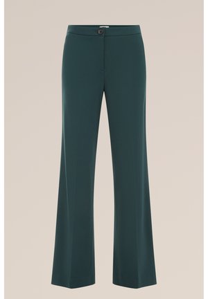 Hlače širokih nog v temno zeleni tkanini, z zaponko na sprednji strani z gumbi, gladke teksture in krojene zasnove brez žepov.