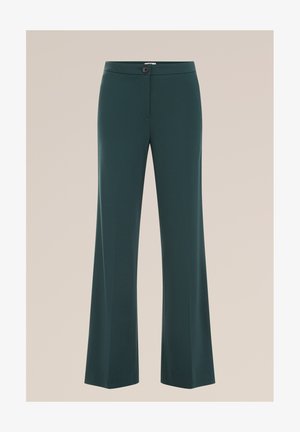 Laiade lõikega püksid tumerohelisest kangast, ees nupuga kinnitusega, siledapinnalise ja taskuteta viimistlusega.