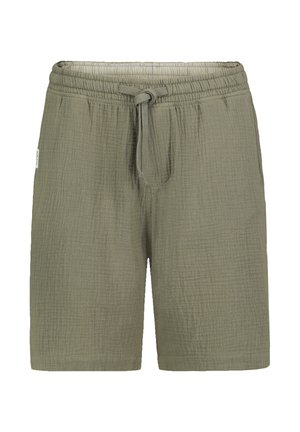 Light olive green textured shorts with elastic waistband and front drawstring, straight legs, and a small side tag on left seam.