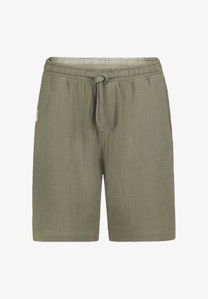 Light olive green textured shorts with elastic waistband and front drawstring, straight legs, and a small side tag on left seam.