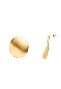 Orecchini in metallo color oro con disco rotondo e finitura spazzolata, caratterizzati da un design a goccia curva. Stile minimalista e moderno.