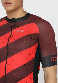 Maillot de ciclismo rojo y negro con mangas cortas, que cuenta con rayas diagonales, pequeños puntos negros y una cremallera frontal. Logo en la parte superior izquierda.