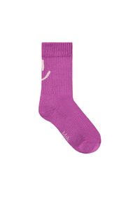 Vijolična nogavica do gležnja z rebrasto teksturo in obliko nasmejanega obraza v svetlejšem bež odtenku. Gladek material z udobnim robom.