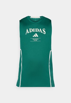 Grøn, ærmeløs sportstop lavet af letvægtsstof, med "ADIDAS" logo i hvid og grå sidedele.