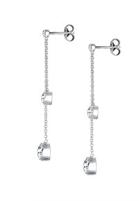 Boucles d'oreilles en argent avec un design enchaîné, mettant en valeur des accents circulaires et des pierres claires, offrant une apparence délicate et allongée.