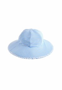 Blauer und weiß gestreifter Sonnenhut mit breiter Krempe und runder Krone. Hergestellt aus leichtem Stoff mit glatter Textur und genähtem Rand.