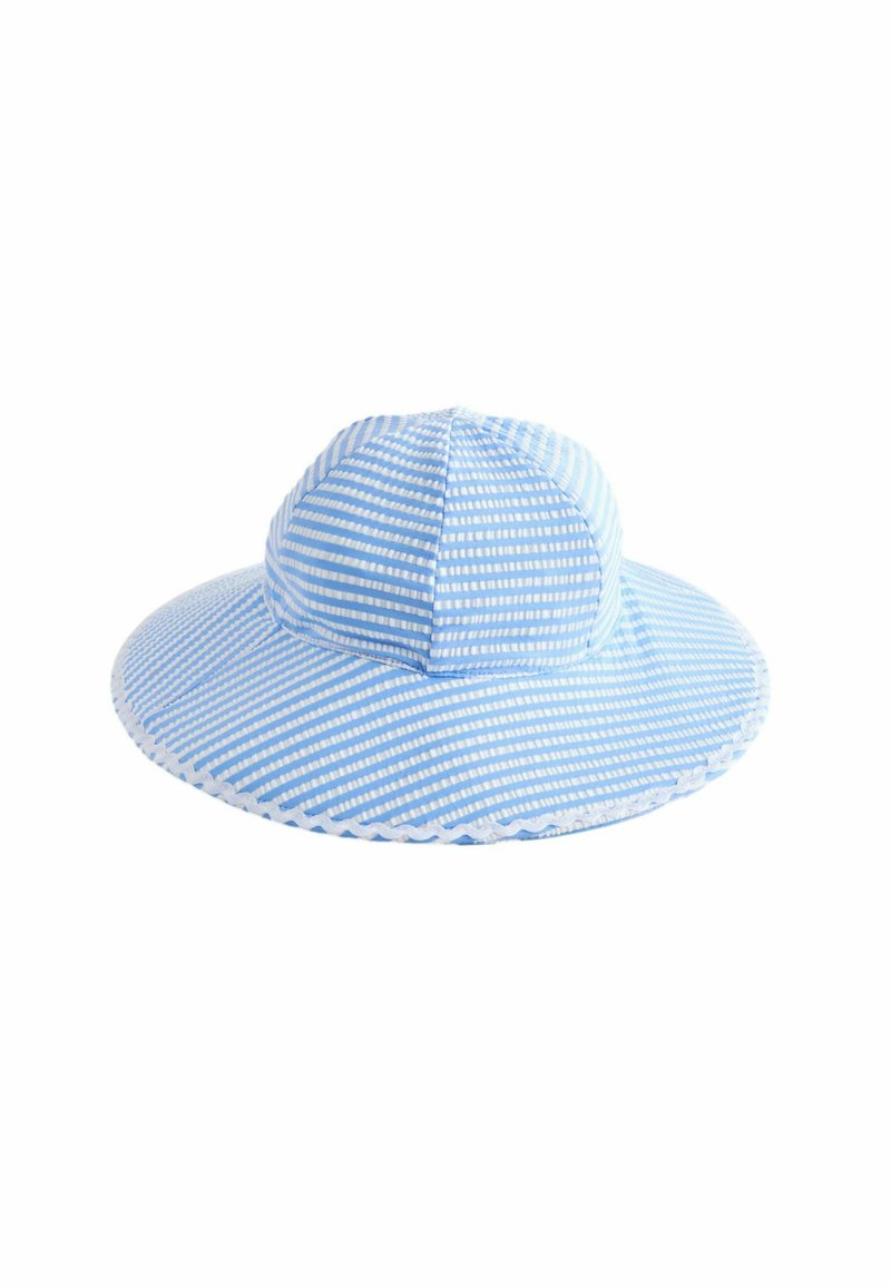 Blauer und weiß gestreifter Sonnenhut mit breiter Krempe und runder Krone. Hergestellt aus leichtem Stoff mit glatter Textur und genähtem Rand.