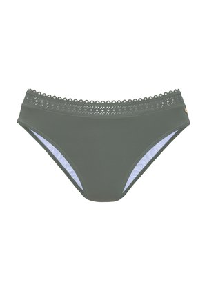 Culotte bikini verde scuro con un bordo simile pizzo in vita, caratterizzata da accenti azzurri sui lati e una texture liscia.