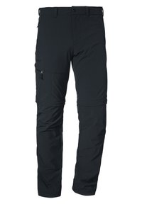 Pantalones negros desmontables con una textura suave, que cuentan con bolsillos laterales y frontales, una cintura ajustada y un diseño de tela duradera.