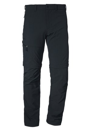Black zip-off pants with a smooth texture, featuring side and front pockets, a fitted waistband, and a durable fabric design.