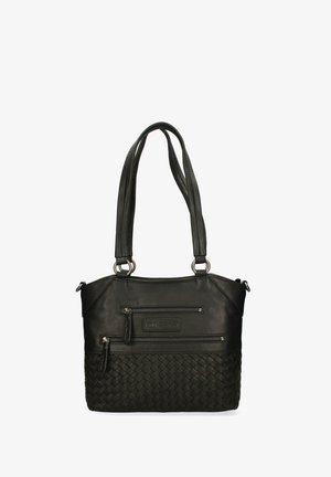Borsa nera con parte superiore in pelle liscia e fondo in pelle intrecciata. Presenta due manici superiori, tasche con cerniera e una forma rettangolare.