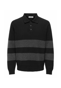 Schwarzer Polo-Pullover mit dunkelgrauen horizontalen Streifen, aus Strickmaterial. Verfügt über einen klassischen Kragen und eine dreiknöpfige Knopfleiste.