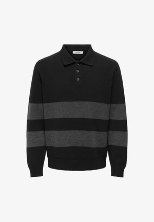Melns polo džemperis ar tumši pelēkām horizontālām svītrām, izgatavots no adīta materiāla. Iespējots klasiskā tipa apkakle un trīs pogu atvērums.