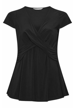 Sort kortærmet bluse med V-hals, krydset omslagsdetalje foran og en let udvidet kant.