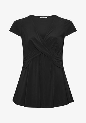 Schwarze kurzärmelige Bluse mit V-Ausschnitt, gekreuztem Wickeldetail vorne und leicht ausgestellt Saum.