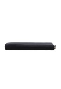Black rectangular zippered leather wallet lying flat with subtle texture and metal zipper pull on white background.