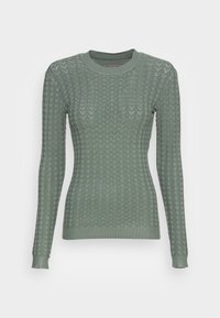 Pull en tricot à manches longues vert clair avec un motif en dentelle en chevrons, encolure ronde et poignets et ourlet côtelés.