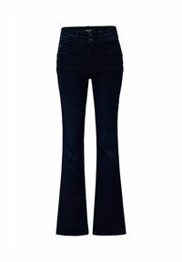 Jeans de tiro alto de campana en azul oscuro, con dos bolsillos frontales y dos botones en la cintura, exhibidos sobre un fondo blanco.