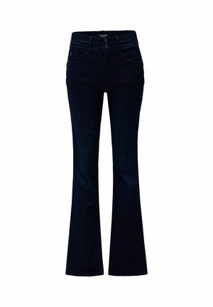 Jeans svasati blu scuro a vita alta con due tasche frontali e due bottoni in vita, mostrati su uno sfondo bianco.