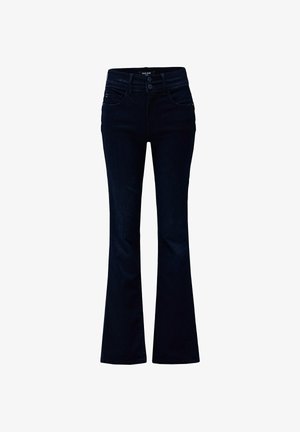 Tamno plave, visoko strukirane trapke s pomoćnim džepovima s prednje strane i dva dugmeta na pojasu, prikazane na bijeloj pozadini.