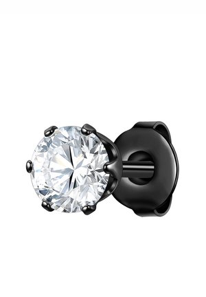 Boucle d'oreille en métal noir ornée d'une grande pierre précieuse transparente, maintenue par six griffes et un support circulaire.