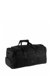 Borsa a duffel rettangolare nera con manici, tasca laterale con zip e un piccolo tag del logo sul pannello frontale.