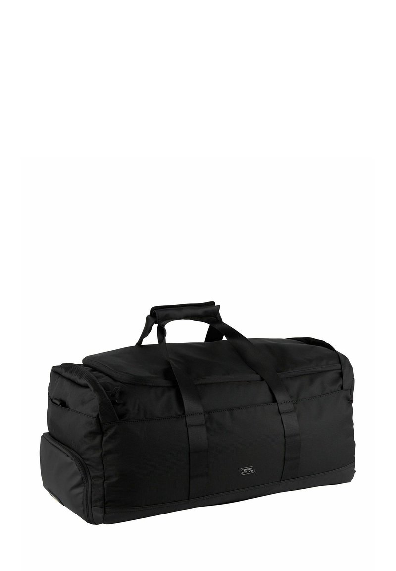 Borsa a duffel rettangolare nera con manici, tasca laterale con zip e un piccolo tag del logo sul pannello frontale.