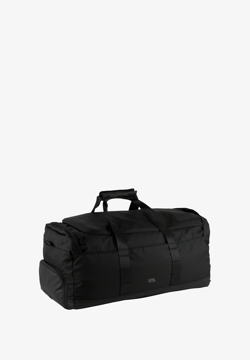 Sac de sport rectangulaire noir avec des poignées, poche zippée sur le côté et une petite étiquette logo sur le panneau avant.