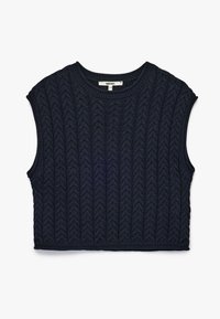 Granatowy krótki sweter dzianinowy z teksturowanym wzorem w warkocze, okrągłym dekoltem oraz szerokimi armami. Materiał wygląda na gruby i ciepły.