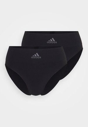 Svarte høytlivs undertøy i bomull som har en elastisk midjebånd og et subtilt grått Adidas-logo foran. Glatt overflate, to deler.