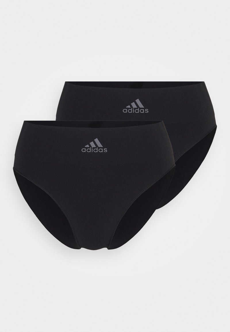 Black cotton high-waisted underwear set featuring an elastic waistband and a subtle gray Adidas logo on the front. Smooth finish, two pieces.