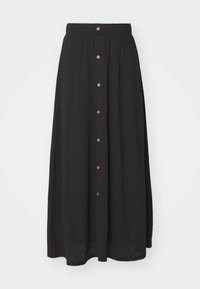 Zwarte lange rok met een elastische tailleband en een rij van zeven bruine knopen aan de voorkant, gemaakt van lichte, gestructureerde stof.