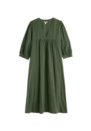 Vestito midi verde con scollo a V, vita arricciata e maniche a sbuffo tre quarti con polsini. Vestibilità ampia e fluente.