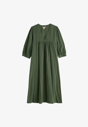 Vestito midi verde con scollo a V, vita arricciata e maniche a sbuffo tre quarti con polsini. Vestibilità ampia e fluente.