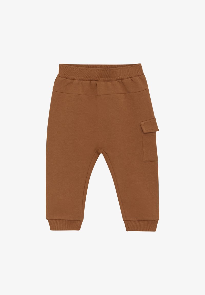 Braune Baumwollmischungshose mit elastischem Bund, schmal zulaufenden Beinen und einer seitlichen Cargo-Tasche. Weicher Stoff, lässiges Design, geeignet für Kinder.