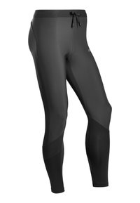 Zwarte sportlegging met een gladde textuur, voorzien van een trekband in de taille en contrasterende diagonale ribbelaccenten op de onderbenen.