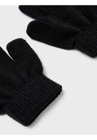 Black knit gloves with a ribbed texture, featuring separate finger compartments and a cuffed wrist design for a secure fit.