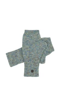 Mănuși tricotate fără degete, într-un amestec de nuanțe de albastru și verde. Au manșete riblate și un mic accent cu un logo maro. Textură moale.