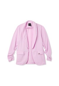 Blazer rosa chiaro realizzato in tessuto morbido, con colletto a scialle, maniche lunghe e due tasche frontali con un piccolo accento metallico.