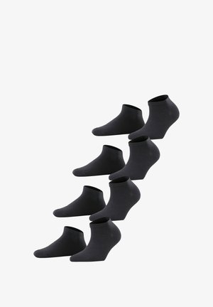Black ankle socks arranged in a staggered formation. Made from a smooth, stretchy material with a ribbed cuff for a secure fit.